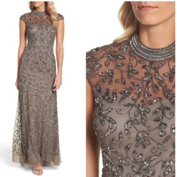 Adrianna Papell cap Sleeves,mock neck beaded long gown - Picture 5 of 10